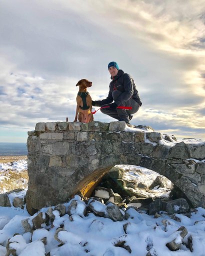 Gareth and Bwgan enjoying a wintery walk