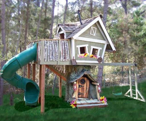 Treehouse kids playhouse zip line spiral slide monkey bars swing birds nest