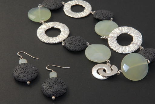Jade, lava stone, hammered silver necklace