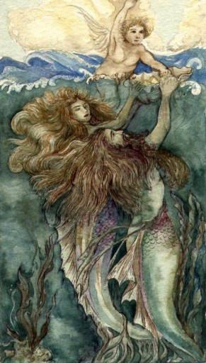 'Cupid & Neptune' an rriginal watercolour,pen & ink painting by Louise Maclaren copyright 1993