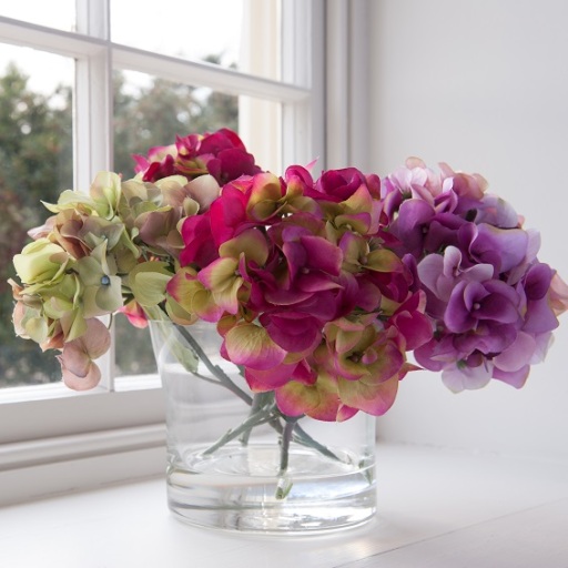 Hydrangeas in glass vase