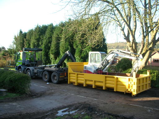 Roll-on roll-off skip with 3 ton excavator, skip used to transport inert material