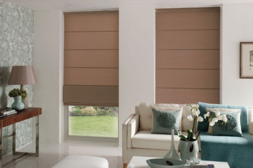 Elegant &amp; stylish, call Barton Blinds for a range of soft cloth &amp; wood weave Roman blinds.