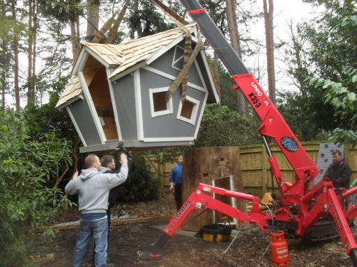The big tree play house wooden painted shingles erected by the team