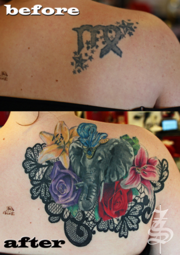 tattoo cover up with  flowers @ Stotker Tattoo