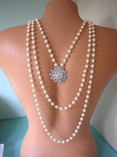 Handmade Great Gatsby Style Pearl And Rhinestone Bridal Backdrop Necklace