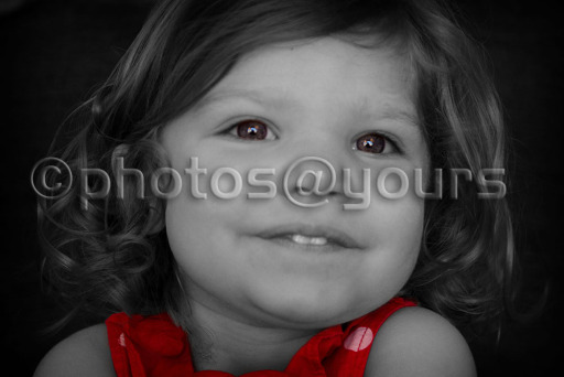 black and white child portrait with red dress by photosatyours