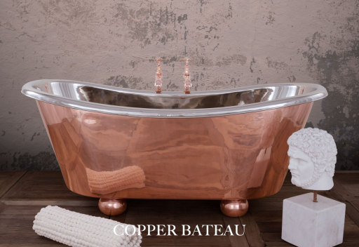 Copper Bateau Bath With Bun Feet, Copper Exterior &amp; Nickel Interior