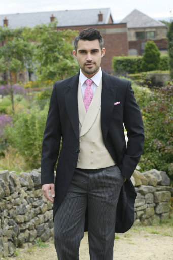 Traditional Black Morning Suit with Striped Trousers and a Buff Wool Waistcoat.