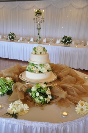 Cake table dressing and fairy light backdrop