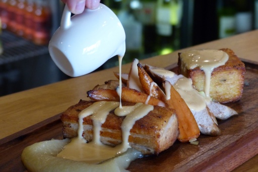 Braised Belly &amp; Tenderloin of Pork with Dauphinoise Potatoes, Apple Sauce, Mixed Vegetables and Cide