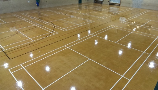 Deep clean service. Granguard floor lacquer, Granpaint court line marking on Granwood flooring