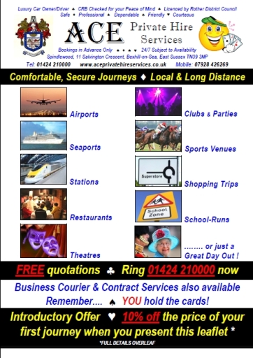 Ace, 24/7, Private Hire, Taxi, Taxis, Mini Cab, Minicab, Cabs, Courier Services, Bexhill