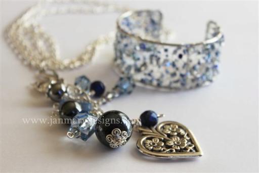 Hand crafted knitted cuff bracelet and long cluster necklace