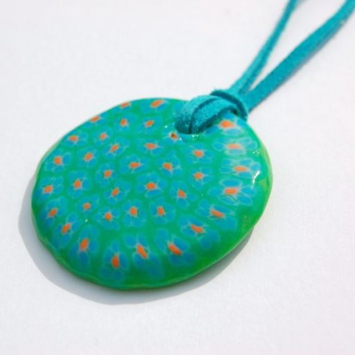 one-off hand-made flowers polymer clay pendant