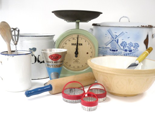 vintage shabby chic kitchen kitchenalia; scales, bowls, enamel bread bins
