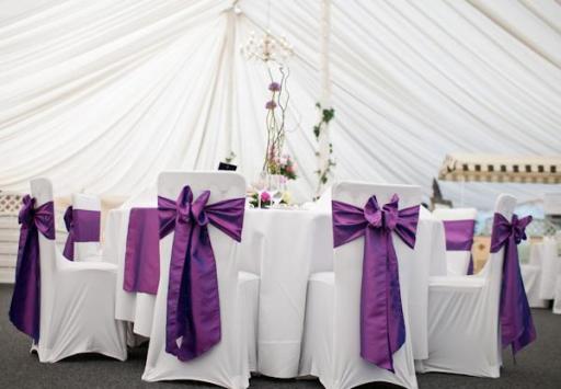purple taffeta chair sashes and covers