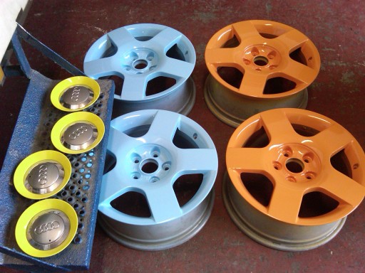 Audi wheels refinished in Orange and Blue