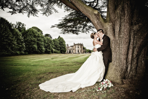 A classic view of a wedding couple at Beamish Hall