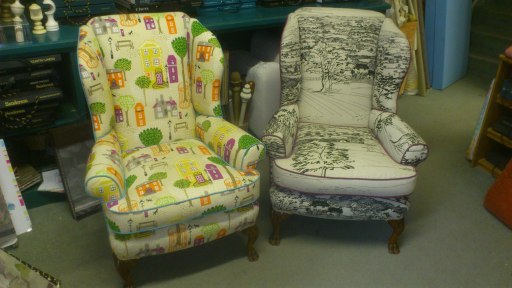 Funky wing chairs re-upholstered by Price Brothers Wrexham