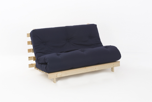 Futon with wood frame and black mattress