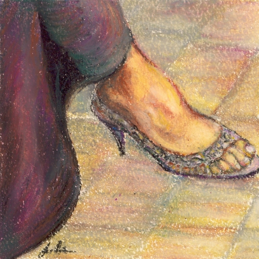 'Footsie 100' an original oil pastel drawing of a foot by Louise Maclaren copyright 2006
