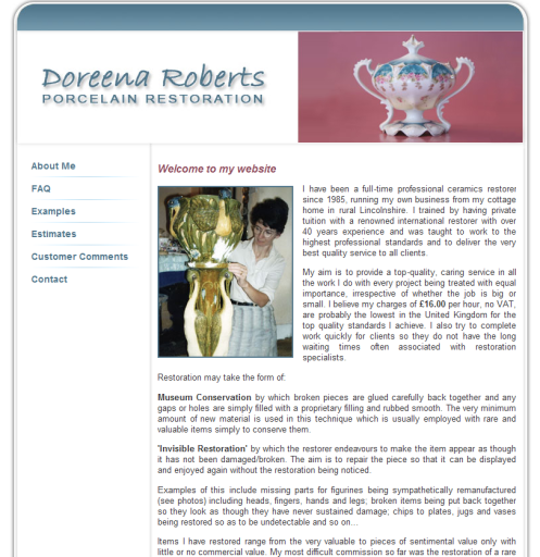 Doreena Roberts Porcelain Restoration Website designed by Marguerite Web Design Lincolnshir