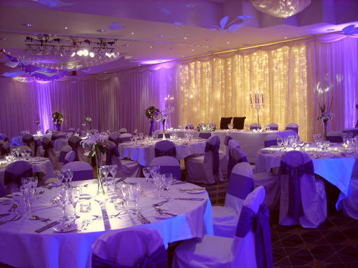 Bridal backdrop and spot lighting to tables