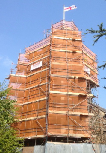 Scaffolding 8 lifts high for restoration work around Great Waltham Church in Chelmsford Essex