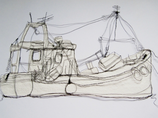 Trawler made from iron wire and handmade paper