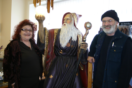 Artist Martin Conway &amp; wife Soraya with resident wizard Merlin at Marina Gallery - Holy Loch Marina