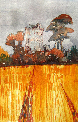 Castle in a cornfield. [Balvaird Castle, Perthshire.] Watercolour.