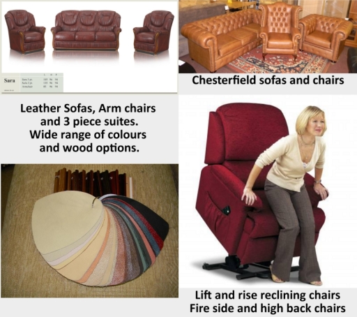 Sofas and armchairs in your choice of leather and fabric. Includes recliners and lift and rise.