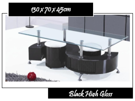 S Shape High Black Gloss Coffee Table + Stools - Retail Only