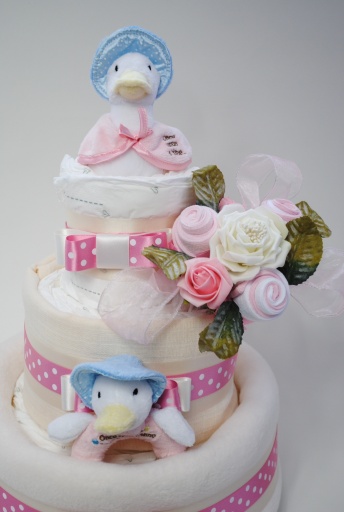 3 Tier nappy cake featuring Jemima Puddle Duck ideal gift for a new baby girl or for a baby shower.