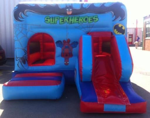 14x18 Superhero bouncy castle and slide combo features wonderful hand painted artwork