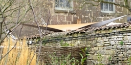 Hyperbolic sail in Ferrari 502, on Green Oak posts with stainless steel fittings . " Pig near Bath "  March 2014