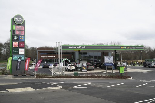 The exterior showing the forecourt and fuel of Welcome Break Newark, just off the A1.