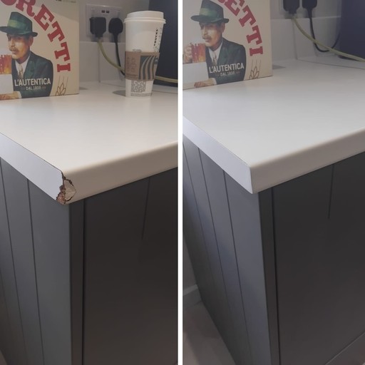 Before and after: a badly chipped laminate worktop corner, fully rebuilt, filled, and refinished to a flawless gloss white. No replacement needed. Same-day repair across South Wales and the South West.