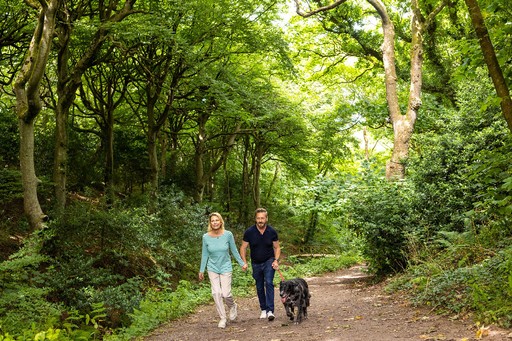 Couple exploring the woodlands next to Gwel an Mor with their dog