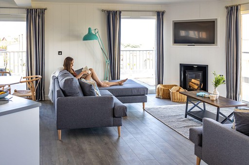 Relaxing in the living area of a Luxury Eco Lodge at Gwel an Mor
