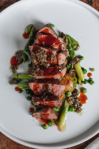 South West lamb rump, asparagus & peas, sautéed potatoes, green salsa