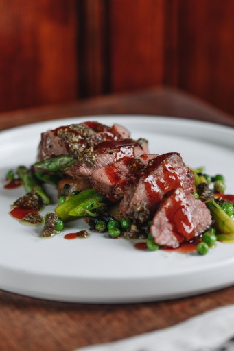 South West lamb rump, asparagus & peas, sautéed potatoes, green salsa
