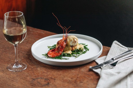 Salmon & smoked cod fishcake, shell-on king prawn, hollandaise, samphire