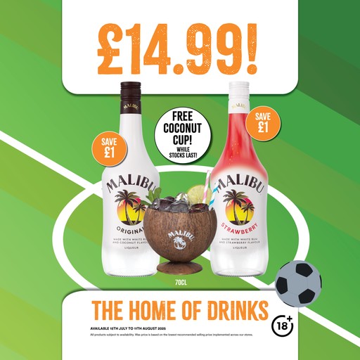 Malibu only £14.99 plus Free cup whilst stocks last