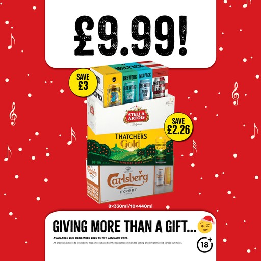 £9.99 each on selected beer, lager & cider packs.