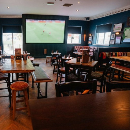 Large seating area with long tables, booths and a big TV screen, designed for group bookings and live sport viewing.
