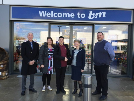 The Mayor, Geraldine Dyer & escort Brian Dyer along with representatives from the Wyvern School, B&M's Local Hero