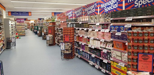 A first glimpse of B&M Stone's store on opening day. The first aisle that greets shoppers as they step inside includes a varied selection of groceries and our famous Managers Specials.