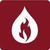 Burgundy square with a water drop in the center containing a flame indicating heat generation of water.